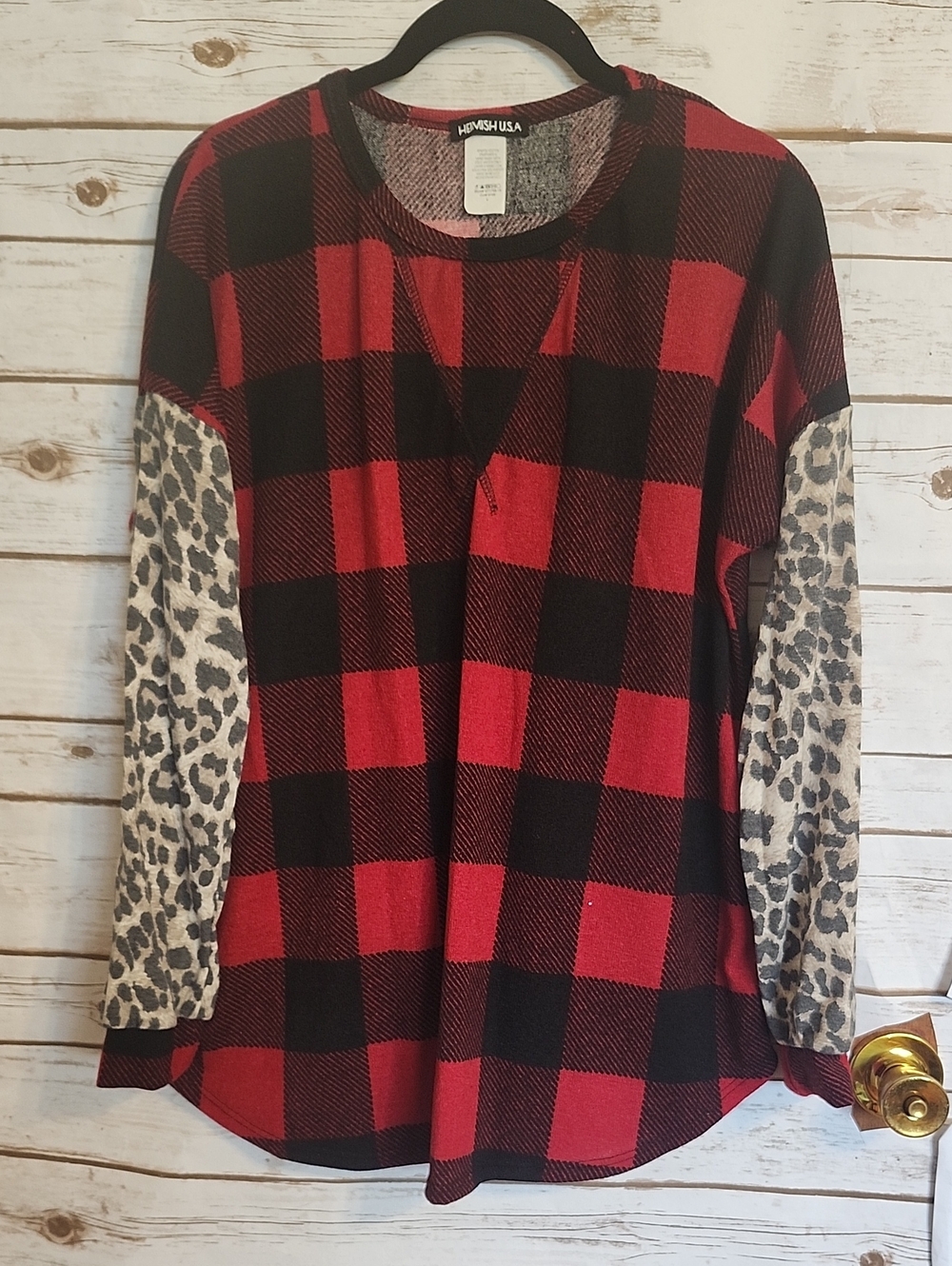 HEIMISH USA Red & Black Buffalo Plaid Long Sleeve Top with Leopard Sleeves -NEW